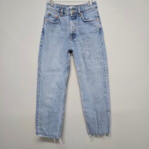 Zara High Waisted Straight Leg Jeans Women Size 4 Blue Cotton Raw Hem Denim